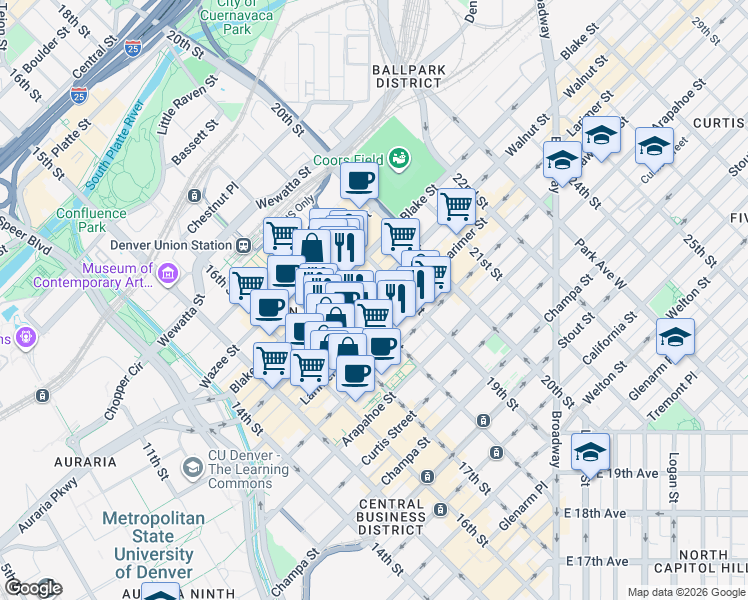 map of restaurants, bars, coffee shops, grocery stores, and more near 1840 Market Street in Denver