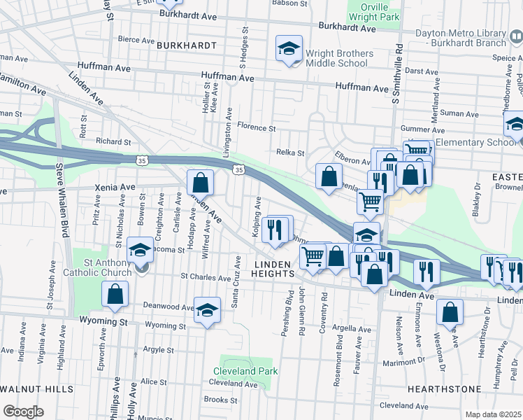 map of restaurants, bars, coffee shops, grocery stores, and more near 518 Kolping Avenue in Dayton
