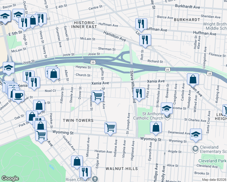 map of restaurants, bars, coffee shops, grocery stores, and more near 626 Hulbert Street in Dayton