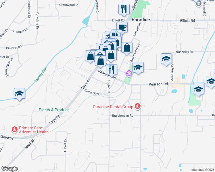 map of restaurants, bars, coffee shops, grocery stores, and more near 5275 Black Olive Drive in Paradise
