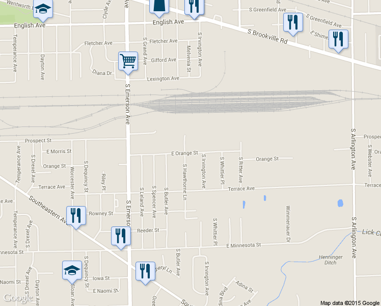map of restaurants, bars, coffee shops, grocery stores, and more near 5435 East Orange Street in Indianapolis