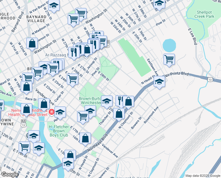 map of restaurants, bars, coffee shops, grocery stores, and more near 821 East 27th Street in Wilmington