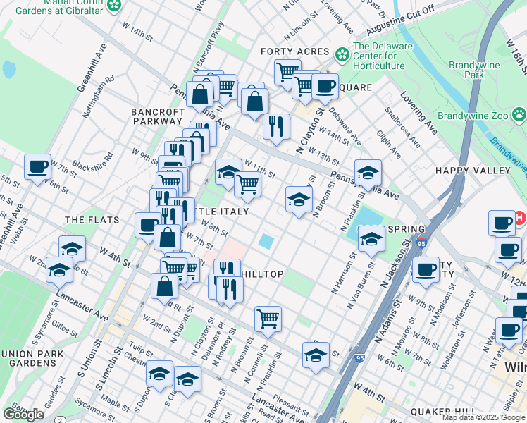 map of restaurants, bars, coffee shops, grocery stores, and more near 845 North Clayton Street in Wilmington