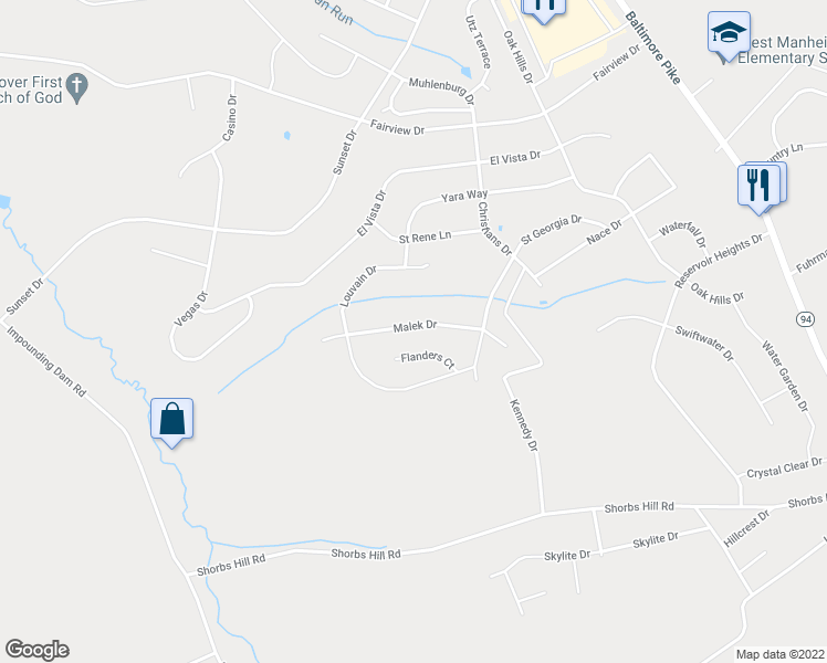 map of restaurants, bars, coffee shops, grocery stores, and more near 58 Malek Drive in Hanover