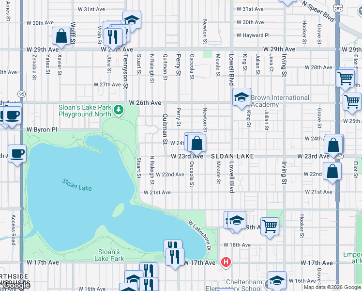 map of restaurants, bars, coffee shops, grocery stores, and more near 3941 West 23rd Avenue in Denver