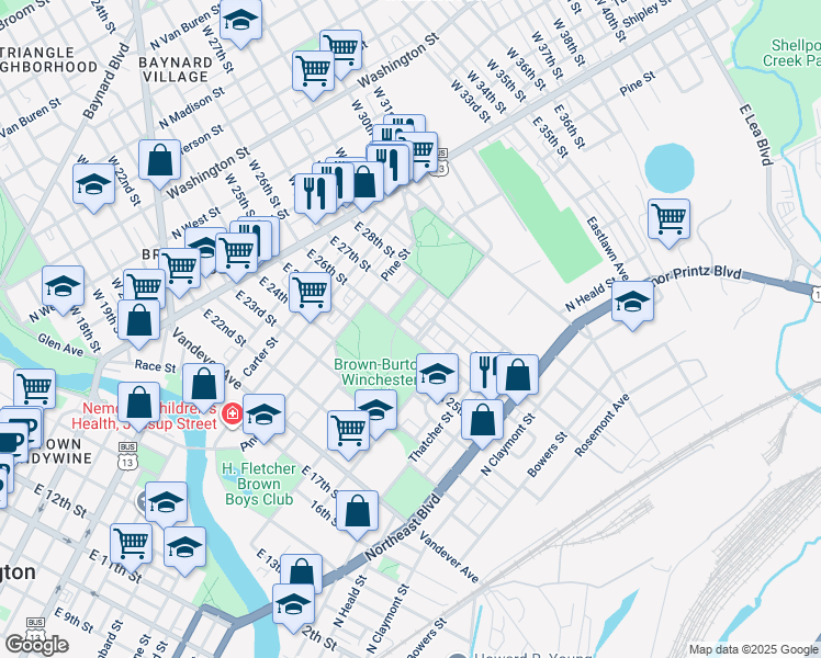 map of restaurants, bars, coffee shops, grocery stores, and more near 709 East 26th Street in Wilmington