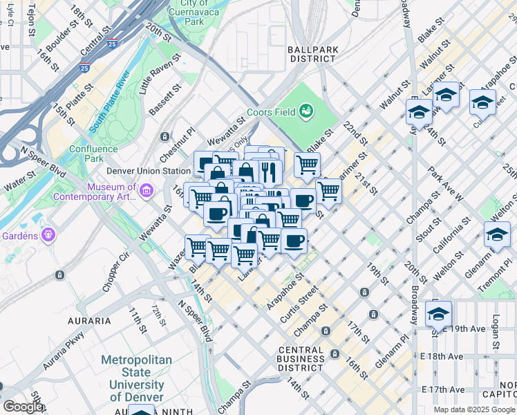 map of restaurants, bars, coffee shops, grocery stores, and more near 1732 Blake Street in Denver