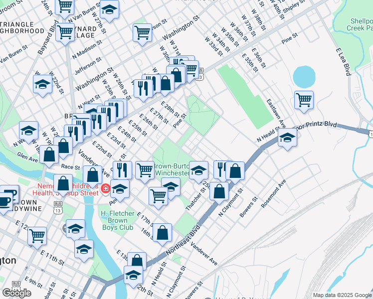 map of restaurants, bars, coffee shops, grocery stores, and more near 709 East 26th Street in Wilmington