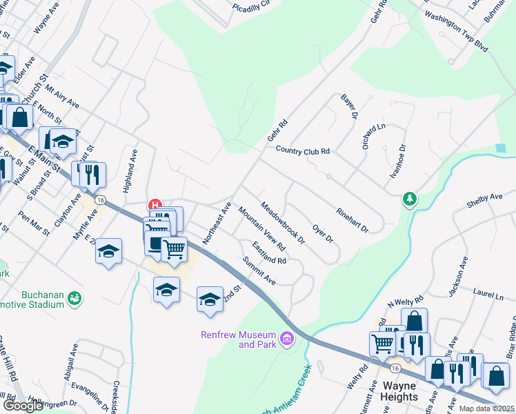 map of restaurants, bars, coffee shops, grocery stores, and more near 9104 Meadowbrook Drive in Waynesboro