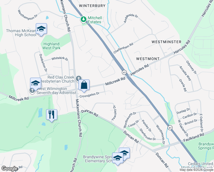 map of restaurants, bars, coffee shops, grocery stores, and more near 2522 Millcreek Road in Wilmington