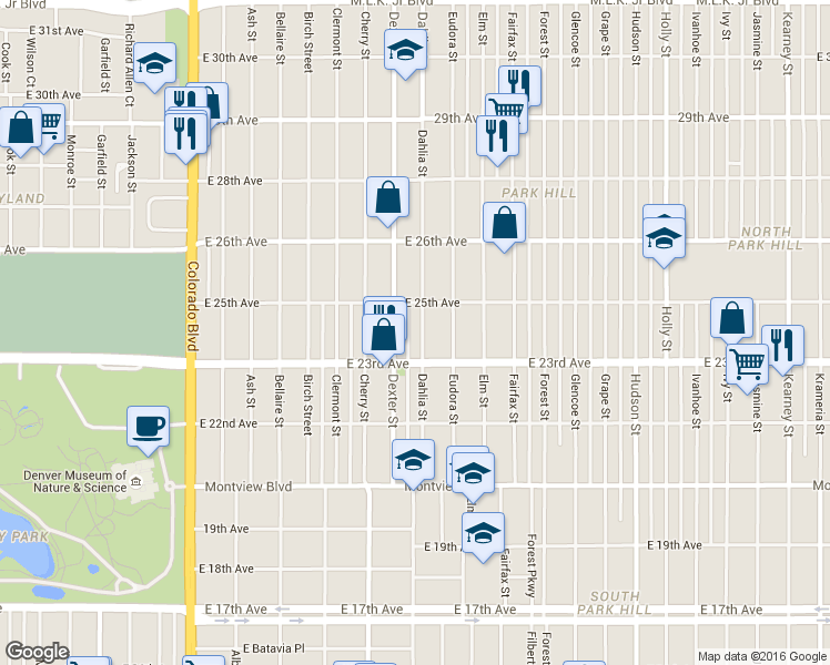 map of restaurants, bars, coffee shops, grocery stores, and more near 2351 Dahlia Street in Denver