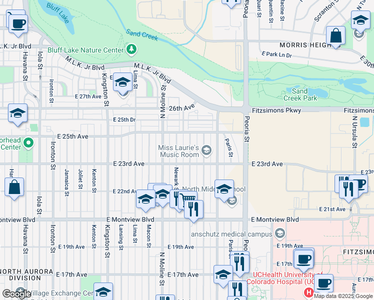 map of restaurants, bars, coffee shops, grocery stores, and more near 2341 Nome Street in Aurora