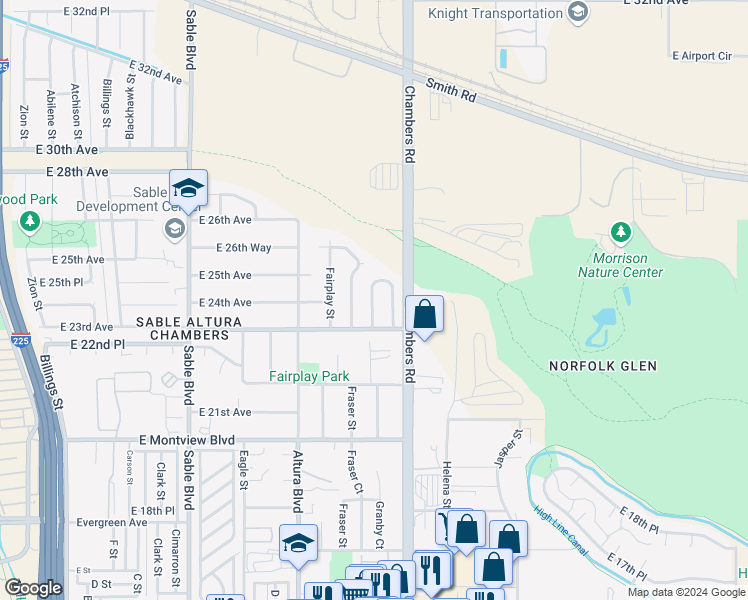 map of restaurants, bars, coffee shops, grocery stores, and more near 2339 Granby Way in Aurora
