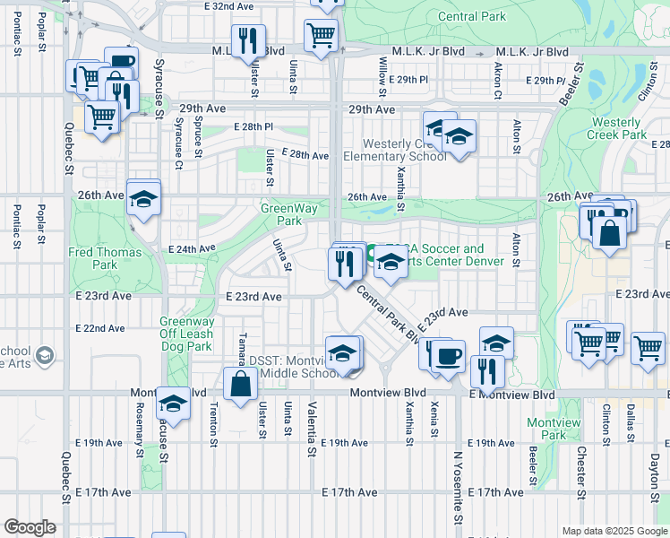 map of restaurants, bars, coffee shops, grocery stores, and more near 2389 Verbena Street in Denver