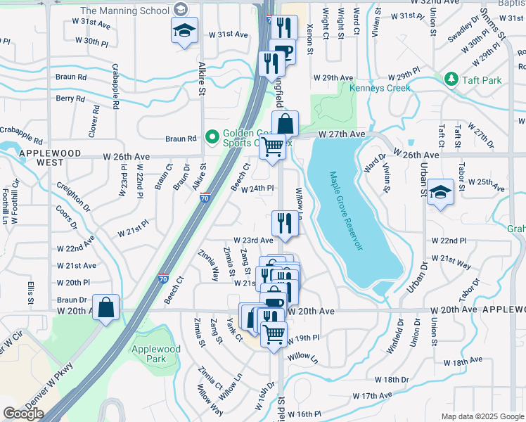 map of restaurants, bars, coffee shops, grocery stores, and more near 2445 Youngfield Street in Golden