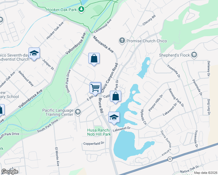 map of restaurants, bars, coffee shops, grocery stores, and more near 264-302 California Park Drive in Chico