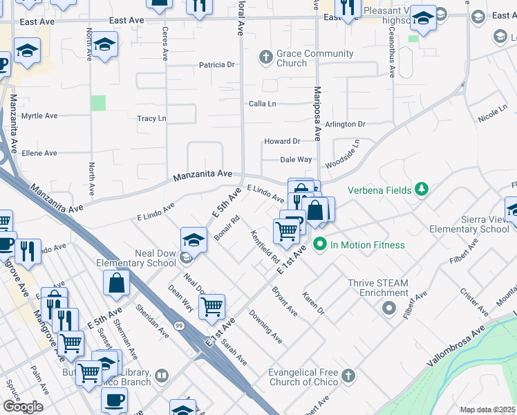 map of restaurants, bars, coffee shops, grocery stores, and more near 1348 Kentfield Road in Chico