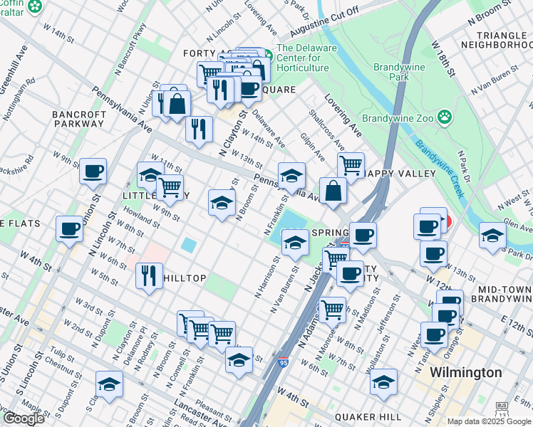 map of restaurants, bars, coffee shops, grocery stores, and more near 1005 North Franklin Street in Wilmington