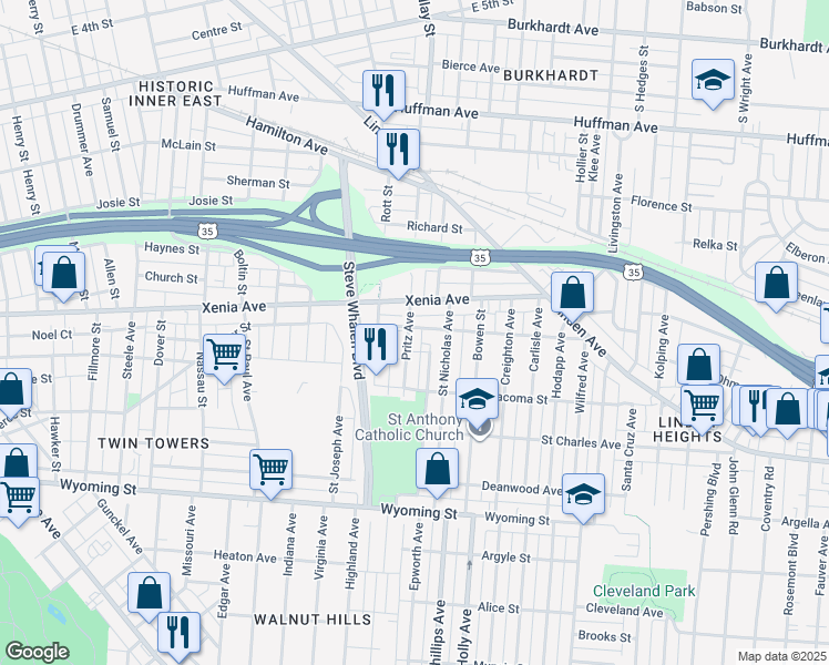 map of restaurants, bars, coffee shops, grocery stores, and more near 1627 Tacoma Street in Dayton