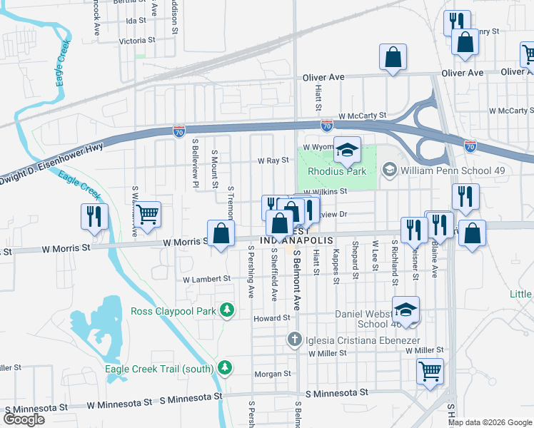 map of restaurants, bars, coffee shops, grocery stores, and more near 2210 West Morris Street in Indianapolis