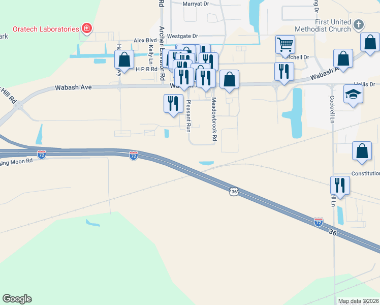 map of restaurants, bars, coffee shops, grocery stores, and more near Interstate 72 in Springfield