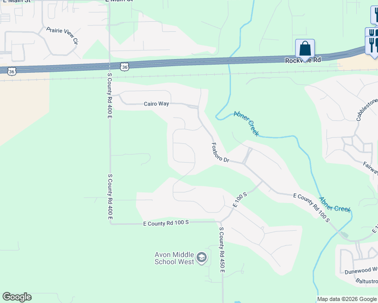 map of restaurants, bars, coffee shops, grocery stores, and more near 4201 Parliament Way in Avon