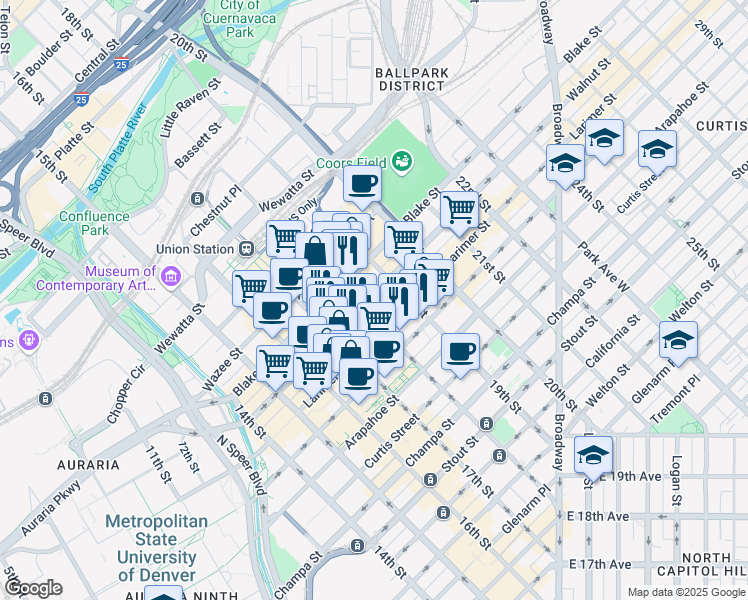 map of restaurants, bars, coffee shops, grocery stores, and more near 1840 Market Street in Denver