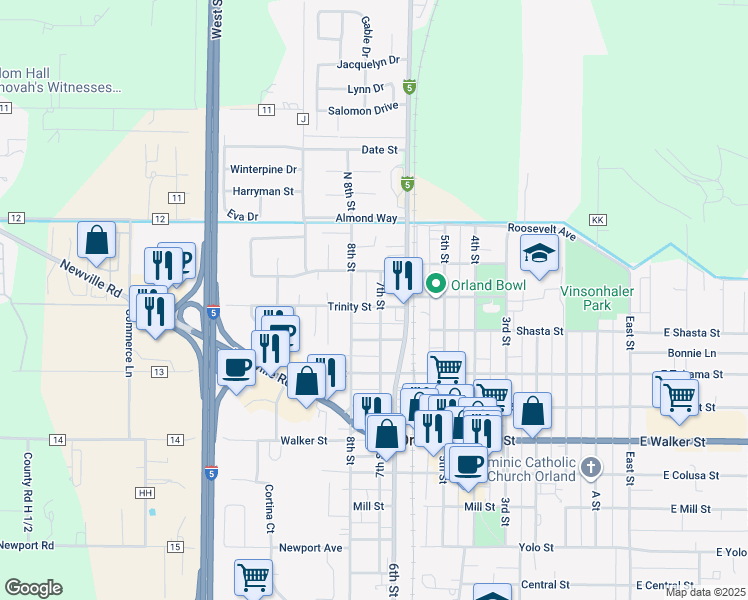 map of restaurants, bars, coffee shops, grocery stores, and more near 258 7th Street in Orland