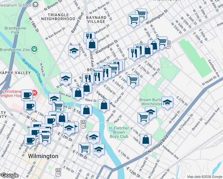 map of restaurants, bars, coffee shops, grocery stores, and more near 64 East 22nd Street in Wilmington