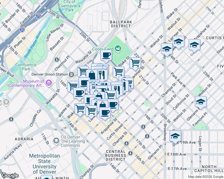 map of restaurants, bars, coffee shops, grocery stores, and more near 1840 Market Street in Denver