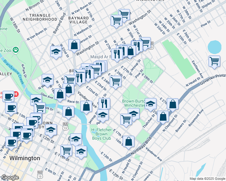 map of restaurants, bars, coffee shops, grocery stores, and more near 305 East 23rd Street in Wilmington