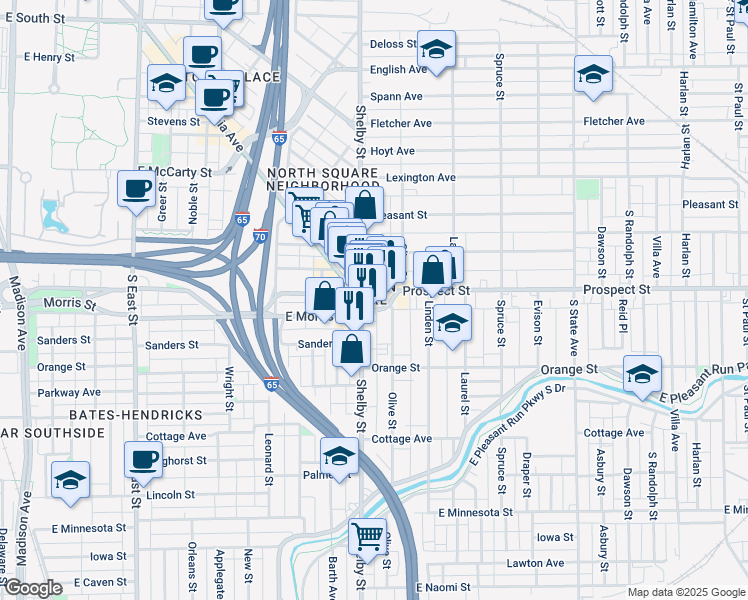 map of restaurants, bars, coffee shops, grocery stores, and more near 1130 Olive Street in Indianapolis