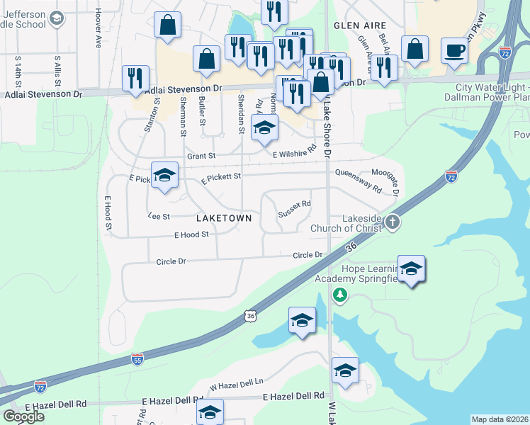 map of restaurants, bars, coffee shops, grocery stores, and more near 3618 Sheffield Road in Springfield