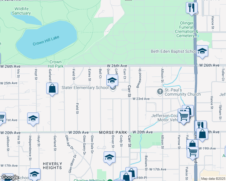 map of restaurants, bars, coffee shops, grocery stores, and more near 8605 West 23rd Avenue in Lakewood