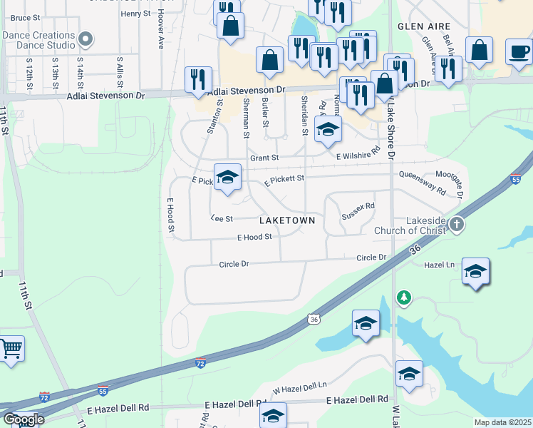 map of restaurants, bars, coffee shops, grocery stores, and more near 2098 Lee Street in Springfield