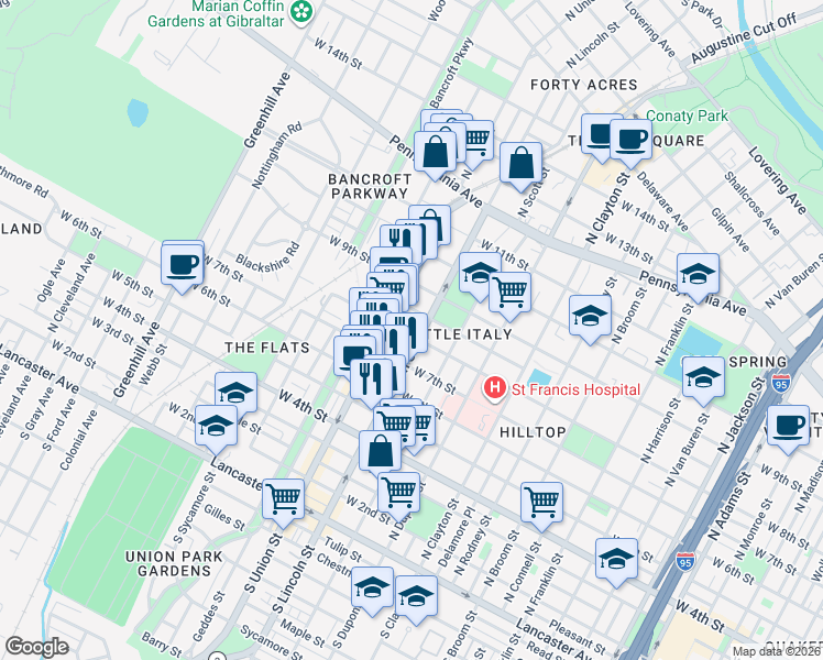 map of restaurants, bars, coffee shops, grocery stores, and more near 711 North Lincoln Street in Wilmington