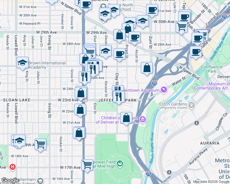 map of restaurants, bars, coffee shops, grocery stores, and more near in Denver