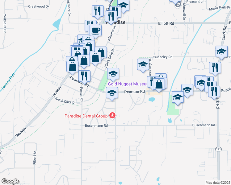 map of restaurants, bars, coffee shops, grocery stores, and more near Pearson Road & Scottwood Road in Paradise