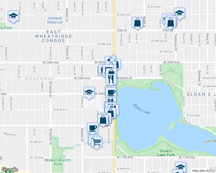 map of restaurants, bars, coffee shops, grocery stores, and more near 2401 Sheridan Boulevard in Edgewater