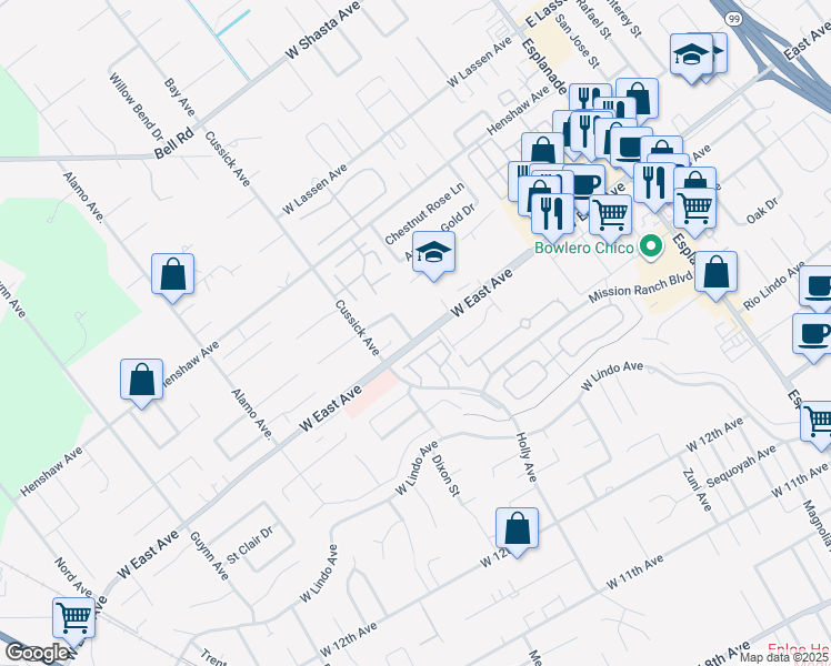 map of restaurants, bars, coffee shops, grocery stores, and more near in Chico