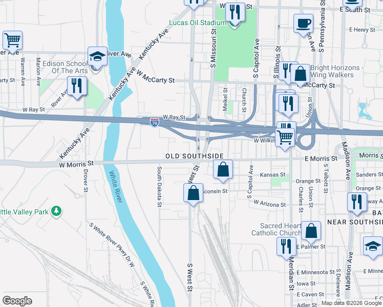 map of restaurants, bars, coffee shops, grocery stores, and more near in Indianapolis