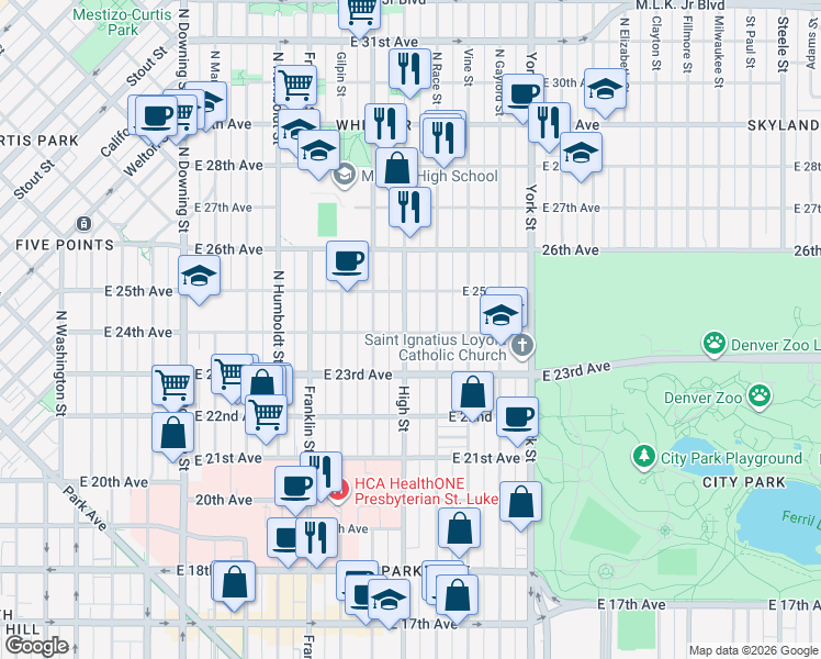 map of restaurants, bars, coffee shops, grocery stores, and more near 2400 High Street in Denver