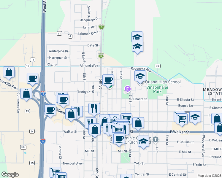 map of restaurants, bars, coffee shops, grocery stores, and more near 318 5th Street in Orland
