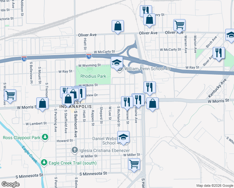 map of restaurants, bars, coffee shops, grocery stores, and more near 1744 West Morris Street in Indianapolis