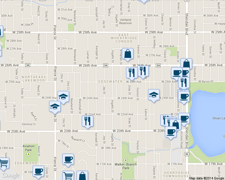 map of restaurants, bars, coffee shops, grocery stores, and more near 2440 Ingalls Street in Edgewater