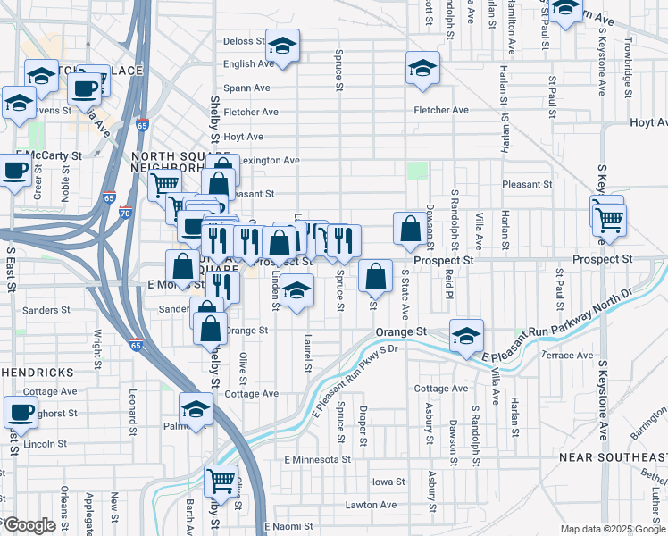 map of restaurants, bars, coffee shops, grocery stores, and more near 1136 Spruce Street in Indianapolis