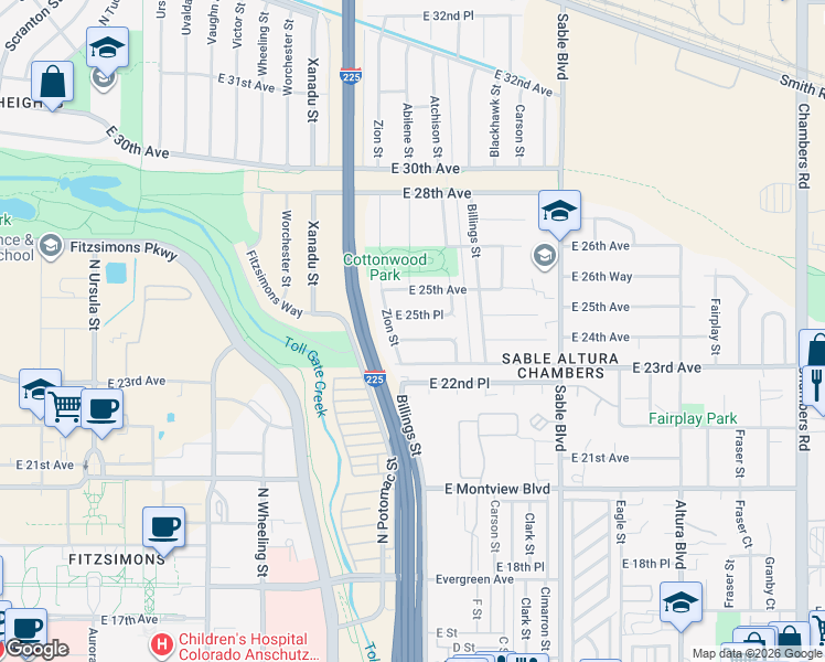 map of restaurants, bars, coffee shops, grocery stores, and more near 13804 East 24th Avenue in Aurora