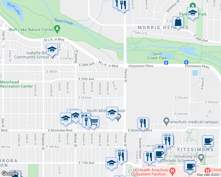 map of restaurants, bars, coffee shops, grocery stores, and more near 2317 Paris Street in Aurora