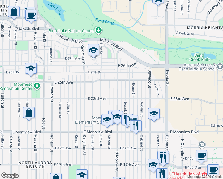 map of restaurants, bars, coffee shops, grocery stores, and more near in Aurora