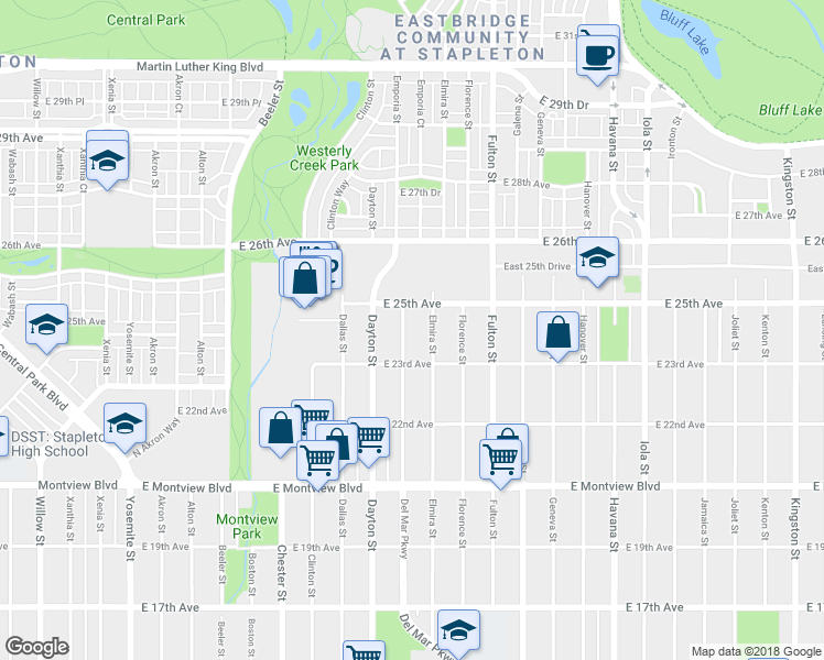 map of restaurants, bars, coffee shops, grocery stores, and more near 2306 Emporia Street in Aurora